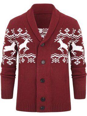 🆕Men's Red Chunky Cable Knit Cardigan Sweater Shawl Collar Button Down